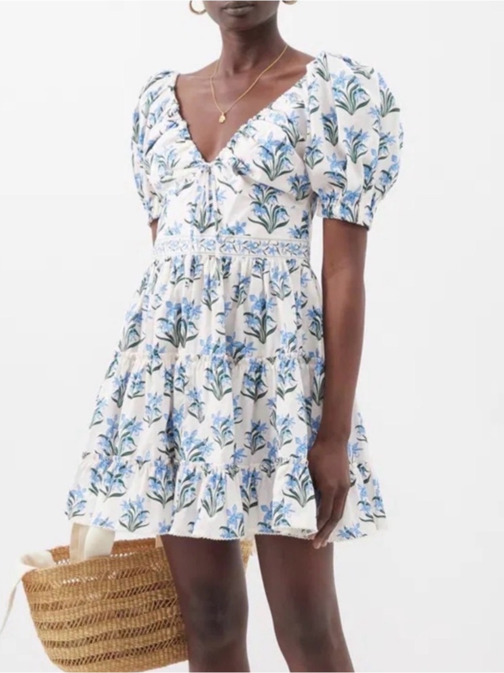Agua by Agua Bendita White Floral Puff-Sleeve Mini Dress with Blue Print